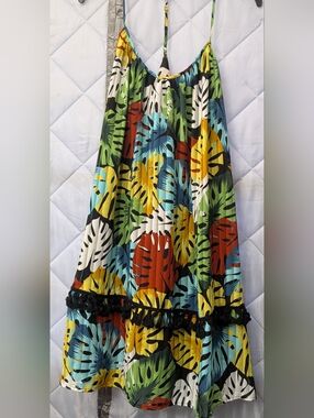 Gianni Bini GB Womens Dress sz XL leaves pompom trim Paradise Cove Striped